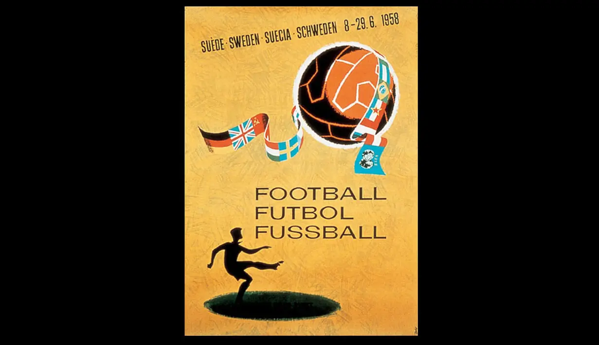 Poster Piala Dunia ke-6 tahun 1958 yang diselenggarakan di Swedia.  Siluet pemain bola dengan bola besar berselendang bendera Negara. Brazil  keluar sebagai juara (Istimewa).