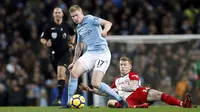 Aksi pemain Manchester City, Kevin De Bruyne (kiri) melewati adangan pemain West Bromwich Albion, James McClean pada lanjutan Premier League di The Etihad Stadium, Manchester, (31/1/2018). Manchester City menang 3-0. (Martin Rickett/PA via AP)