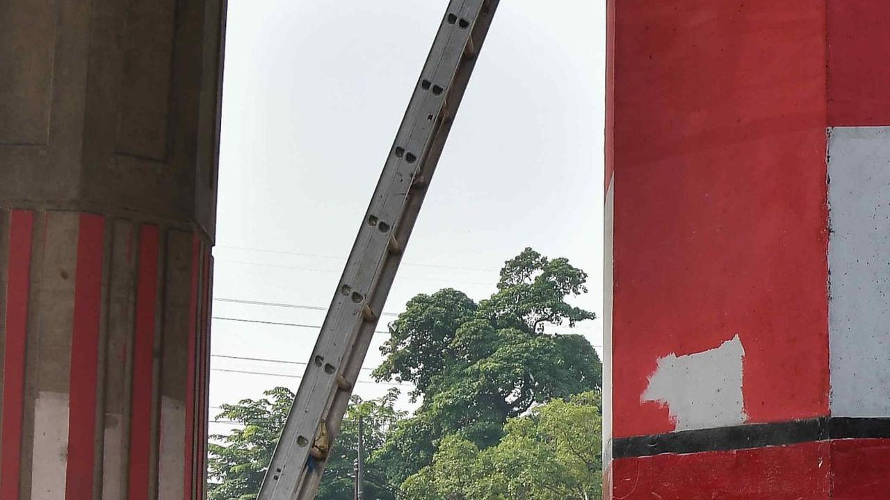 Petugas Penanganan Prasarana dan Sarana Umum menggunakan tangga saat melakukan pembuatan mural pada tiang penyangga Tol Becakayu di kawasan Cipinang Besar Selatan.