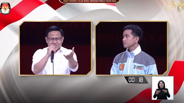 <p>Cawapres Muhaimin Iskandar dan Gibran Rakabuming Raka di debat cawapres 2024. Dok: Screenshot YouTube KPU RI</p>