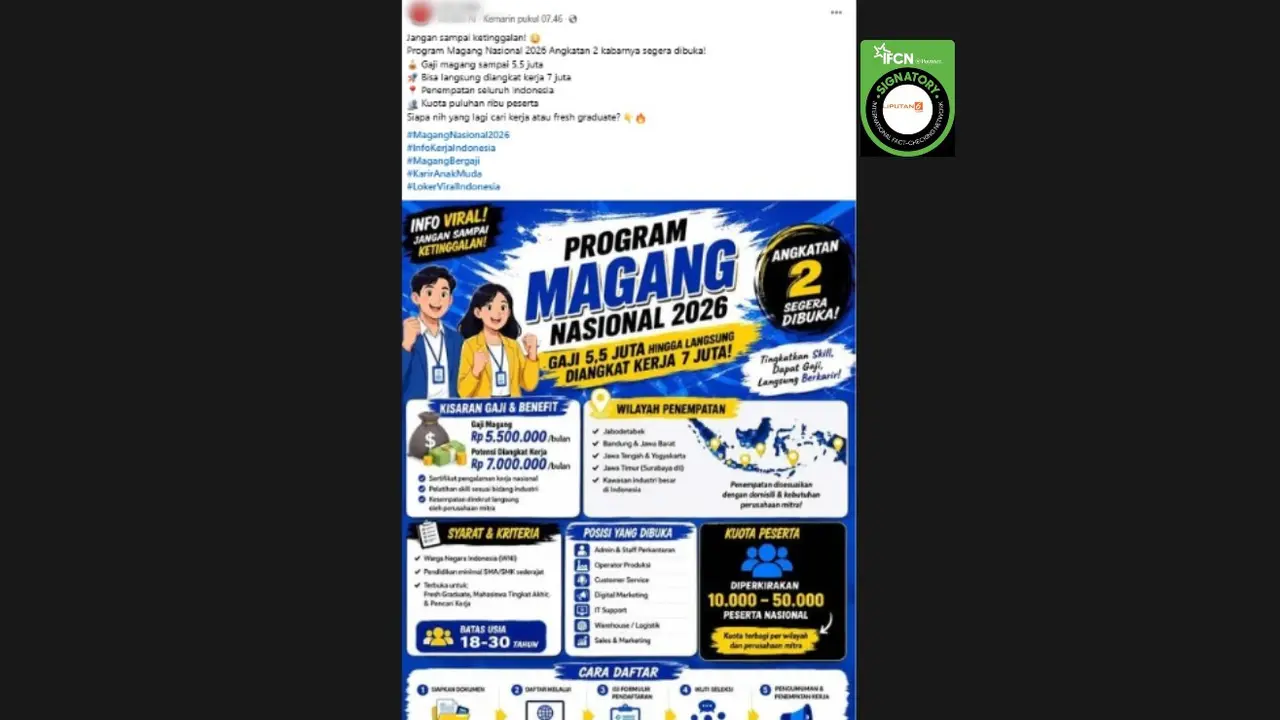 Cek Fakta Liputan6.com mendapati klaim link pendaftaran Magang Nasional 2026 angkatan 2.