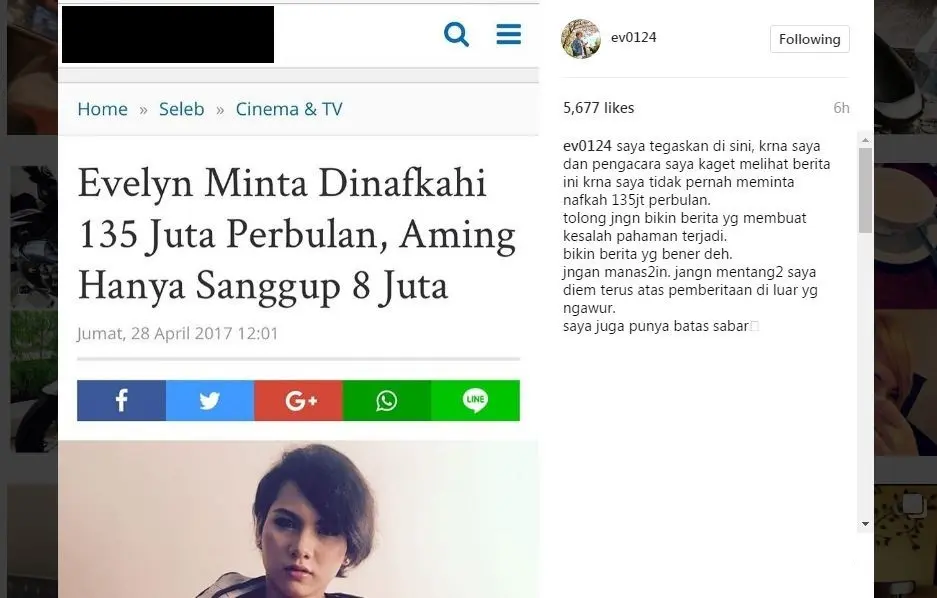 Istri Aming naik darah setelah diisukan miring oleh media. [foto: instagram/ev0124]