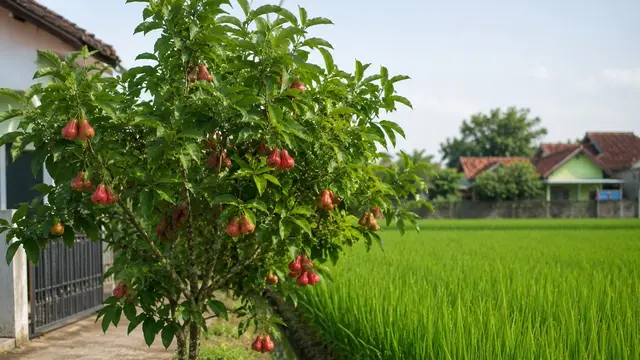 Pohon Buah yang Tidak Mengganggu Pertumbuhan Padi di Sawah (AI)