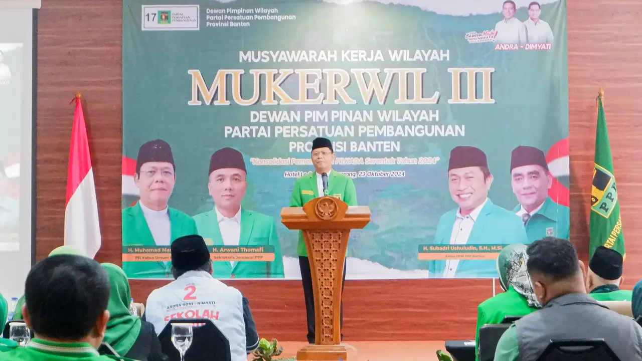 Plt Ketua Umum Partai Persatuan Pembangunan (PPP) Muhamad Mardiono menghadiri kegiatan Musyawarah Kerja Wilayah (Mukerwil) DPW PPP Banten, di Aula Hotel Le Semar, Tangerang, Rabu (23/10/2024) (Istimewa)