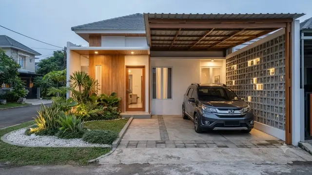 Model Carport Samping Rumah Type 45 dengan Roster dan Taman Kecil