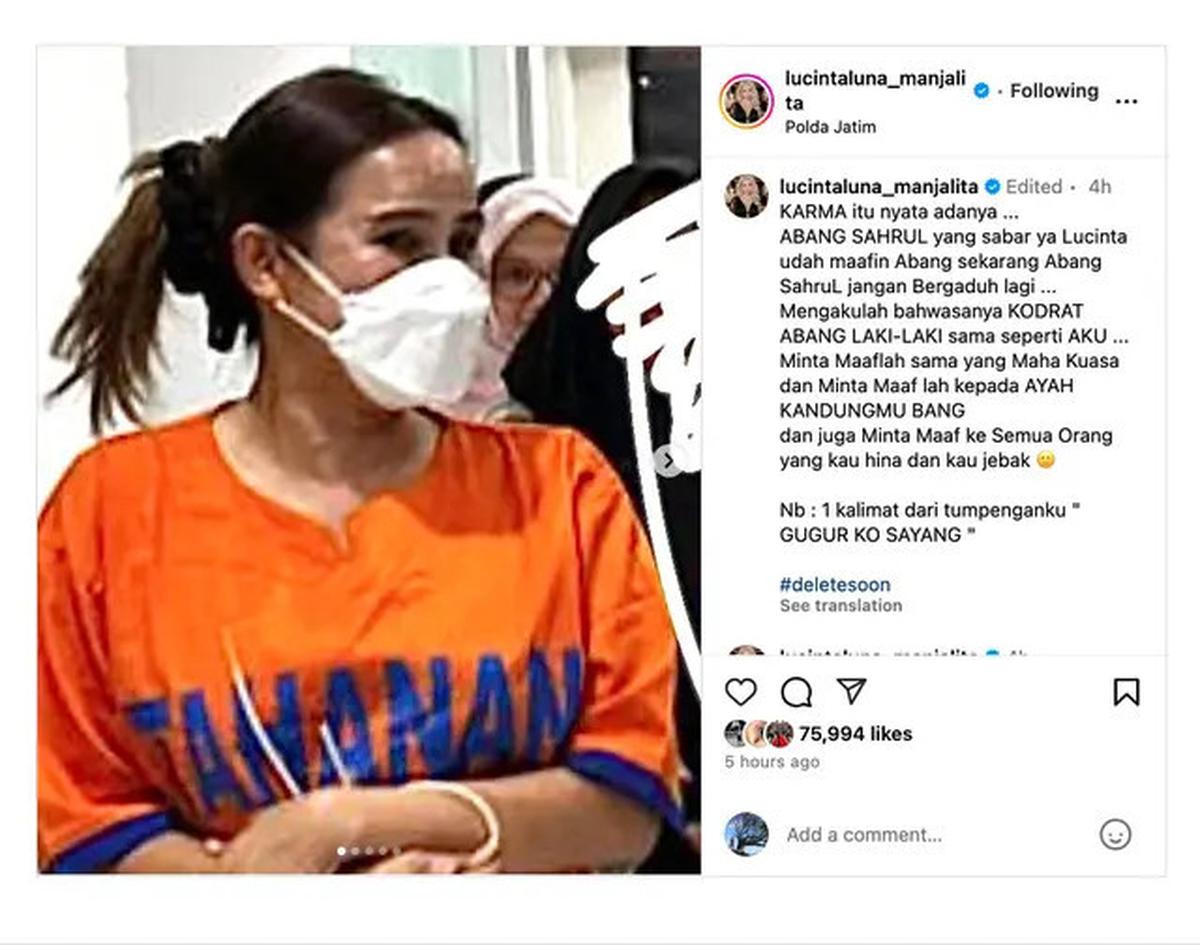 Lucinta Luna Respons Kabar Isa Zega Ditahan Polda Jatim: Karma Itu Nyata, Abang Sahrul yang Sabar Ya