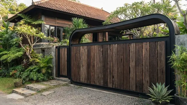 Pagar Kayu Ulin Solid dengan Bingkai Besi Lengkung