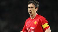 Gary Neville (598) - Neville memiliki catatan apik di sisi kanan pertahan Manchester United. Ia tercatat 598 kali dimainkan oleh Sir Alex Fergusun selama di Manchester United. (AFP/Filippo Monteforte)