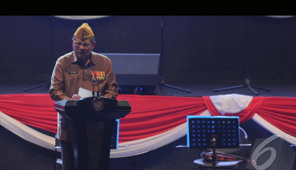 Dalam sambutannya, SBY berpesan kepada Jokowi jika terpilih sebagai Presiden Indonesia untuk memastikan kedaulatan Indonesia tidak diganggu pihak manapun (Liputan6.com/Herman Zakharia)