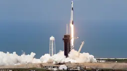 Roket milik SpaceX, Falcon 9 meluncur dari Pad 39-A di Pusat Antariksa Kennedy di Cape Canaveral, Florida, Sabtu (30/5/2020). Roket Falcon 9 yang berisi dua astronot AS tersebut terbang menuju International Space Station (ISS) yang sedang mengorbit. (AP/Charlie Riedel)
