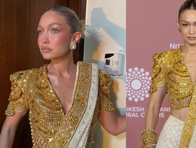 Melansir dari Hindustan Times, Gigi mengenakan pakaian khas India yang dirancang oleh Abu Jani Sandeep Khosla. Kakak kandung Bella Hadid itu tampil memukau di karpet merah NMACC dengan mengenakan sari yang memadukan warna putih gading dan emas. (Liputan6.com/IG/@gigihadid)