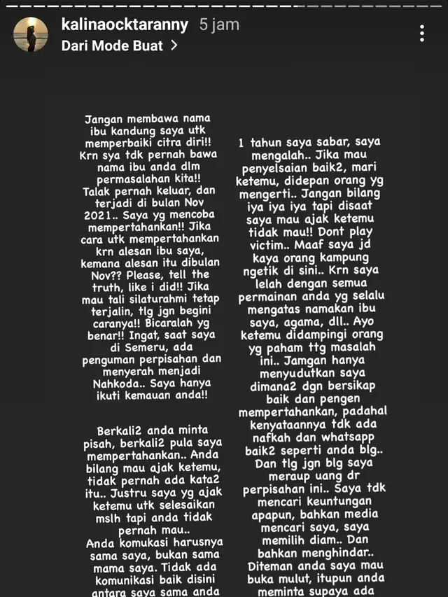 Unggahan Kalina Oktarani. (Foto: Instagram @kalinaocktaranny)