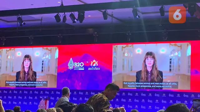 Anne Hathaway menjadi salah satu pembicara di B20 Summit yang hadir secara virtual pada Senin (14/11/2022). (Liputan6/Benedikta Miranti)