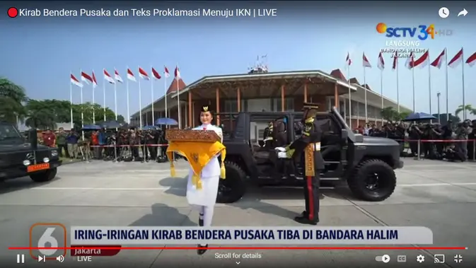 Duplikat bendera merah putih dan teks proklamasi siap diterbangkan ke IKN melalui Bandara Halim Perdanakusuma setelah melalui iring-iringan kirab dari kawasan Monas, Jakarta, Sabtu (10/8/2024). Prosesi kirab bendera merah putih ini merupakan rangkaian acara peringatan HUT ke-79 RI. (Youtube: Liputan6)