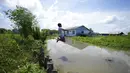 eorang anak laki-laki melompat ke kanal di Cienaga Grande de Santa Marta, Nueva Venecia, Kolombia, 12 Oktober 2021. Sekitar 400 keluarga tinggal di rumah panggung di Cienaga Grande. (AP Photo/Fernando Vergara)