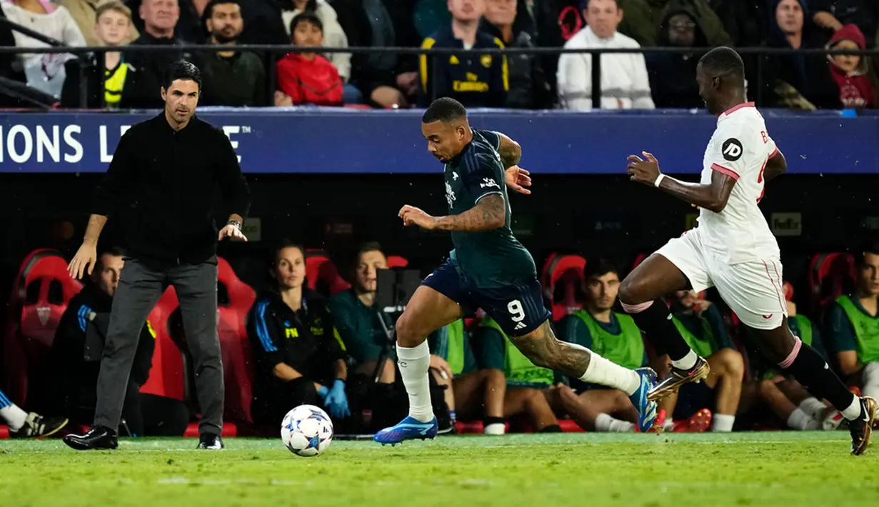 Arsenal berhasil mengalahkan Sevilla dengan skor 2-1 pada laga matchday ketiga Liga Champions 2023/2024. (AP Photo/Jose Breton)