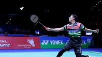 Aksi tunggal putra Indonesia, Jonatan Christie, pada babak pertama All England 2019 di Birmingham Arena, Rabu (6/3/2019). (PBSI)