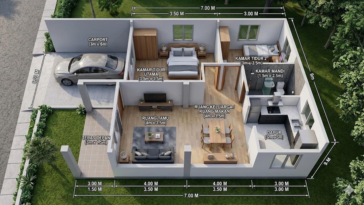 7 Denah Rumah 7x9 Meter di Desa dengan 2 Kamar, Desain Sederhana yang ...