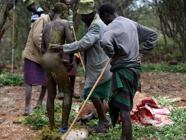Seorang pria muda Pokot diolesi dengan isi perut dari seekor banteng oleh seorang pemuka untuk menjalani upacara di Baringo County, Kenya , (20/1). Pria dari masyarakat Pokot harus menjalani ritual ini untuk menjadi dewasa. (REUTERS / Siegfried Modola)