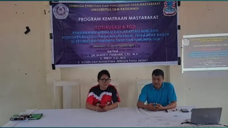 Program Kemitraan Masyarakat terkait mitigasi bencana banjir yang digelar oleh Prodi Fisika FMIPA Unsrat, Jumat (29/9/2023), di Kelurahan Tumumpa 1, Kecamatan Tuminting, Kota Manado, Sulut.