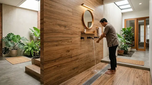 Model Tempat Wudhu dengan Keramik Motif Kayu/AI Generated