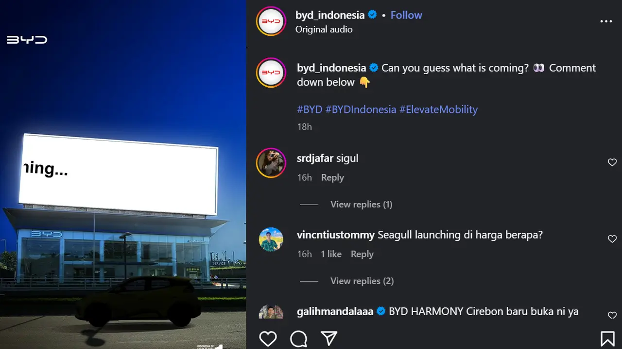 BYD Lempar Kode Peluncuran Seagull di Indonesia (instagram @byd_indonesia)