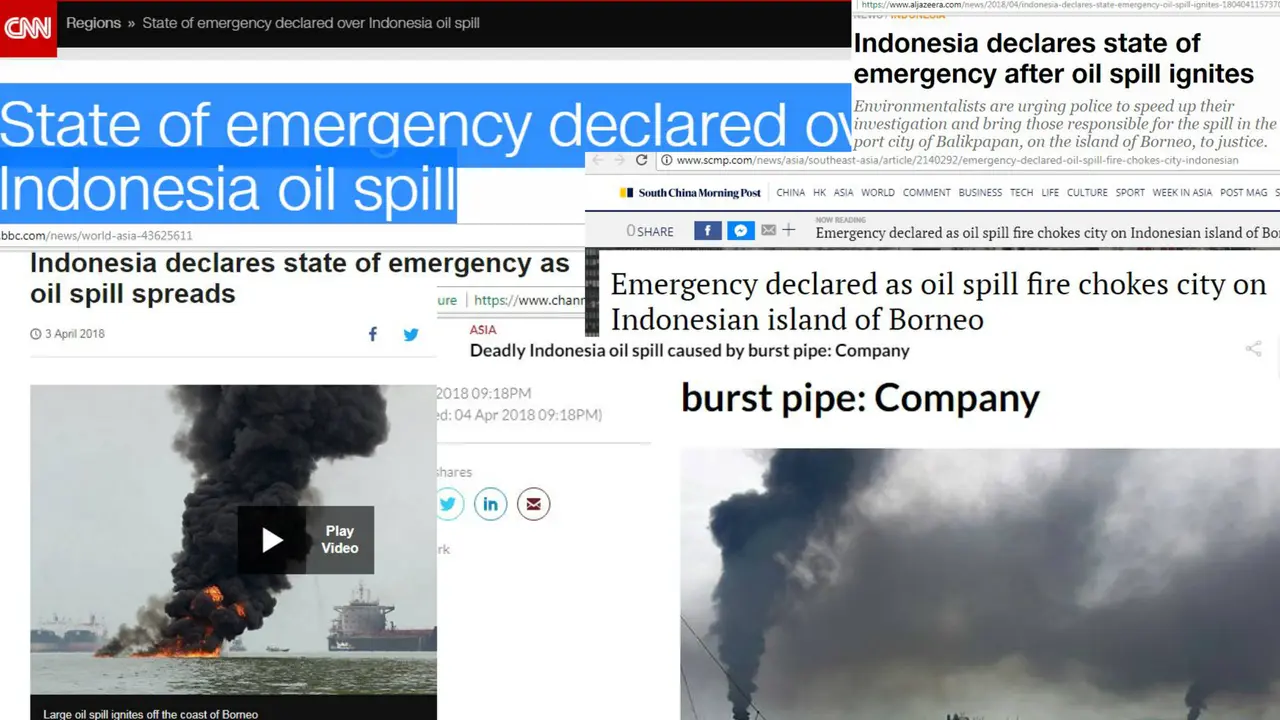 Tumpahan minyak di laut Teluk Balikpapan, Kalimantan Timur, Indonesia jadi sorotan sejumlah media asing. (Berbagai Sumber/ Screen Grab)