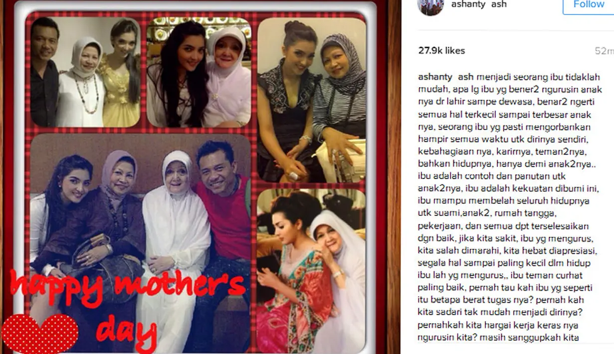 Di hari ibu ini, Ashanty mengunggah kolase foto bersama sang ibu yang telah meninggalkannya untuk selamanya. Menyertakan tulisan panjang, Ashanty menceritakan pengorbanan seorang ibu yang menurutnya memiliki perjuangan yang besar. (Instagram/Ashanty)