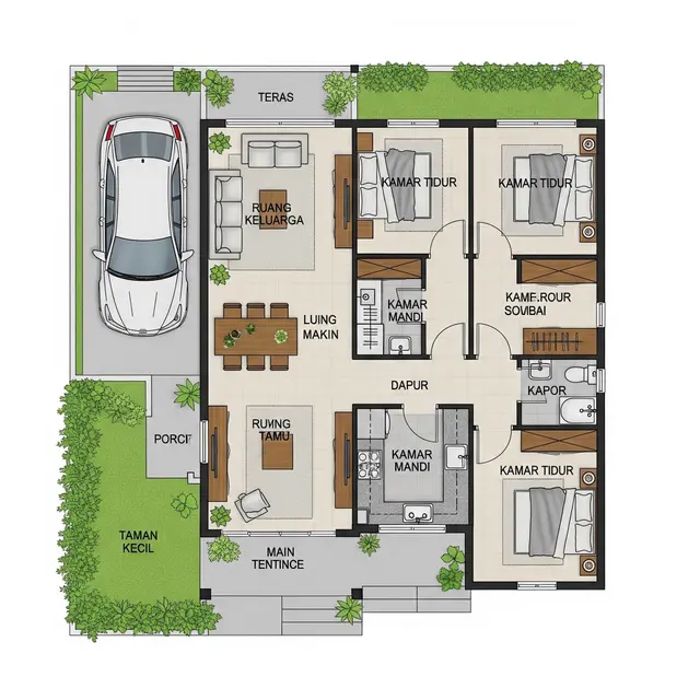 Denah Rumah Kampung 1 Lantai 3 Kamar (Image by Gemini AI)