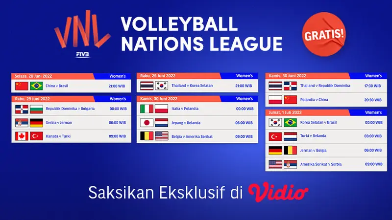 Jadwal & Live Streaming Women’s Volleyball Nations League 2022 Week 3, 28-30 Juni 2022 di Vidio