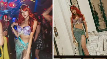 Foto kolase Anya Geraldine yang dibagikan di akun Instagram pribadinya saat dirinya merayakan Halloween. Artis cantik berusia 26 tahun tersebut mencuri perhatian dengan kostum mermaid. (Instagram/anyageraldine)