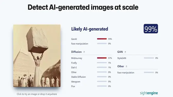 <p>Gambar tangkapan layar penelusuran foto menggunakan situs sightengine.com.</p>