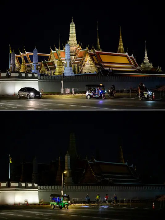 Foto kombinasi menunjukkan Grand Palace sebelum (atas) dan setelah (bawah) lampunya dimatikan untuk menandai kampanye lingkungan Earth Hour di Bangkok (27/3/2021). (AFP/Mladen Antonov)