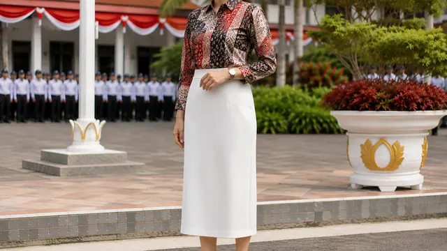 Kemeja Batik Motif Modern dan Rok Midi Putih