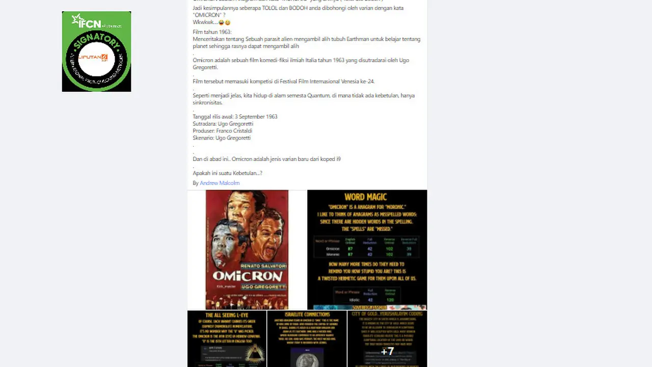 Cek Fakta Liputan6.com menelusuri klaim varian baru Covid-19 Omicron berhubungan dengan film komedi-fiksi ilmiah Italia tahun 1963