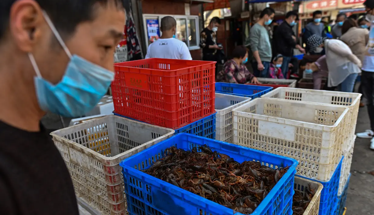 Foto pada 15 April 2020, sekeranjang udang yang dijual di salah satu toko  di Pasar Baishazhou Wuhan di Wuhan, provinsi Hubei. Lebih dari 90 persen kios pasar basah di Wuhan telah kembali buka sejak pemerintah mencabut aturan lockdown di wilayah pusat pandemi corona tersebut. (Hector RETAMAL/AFP)