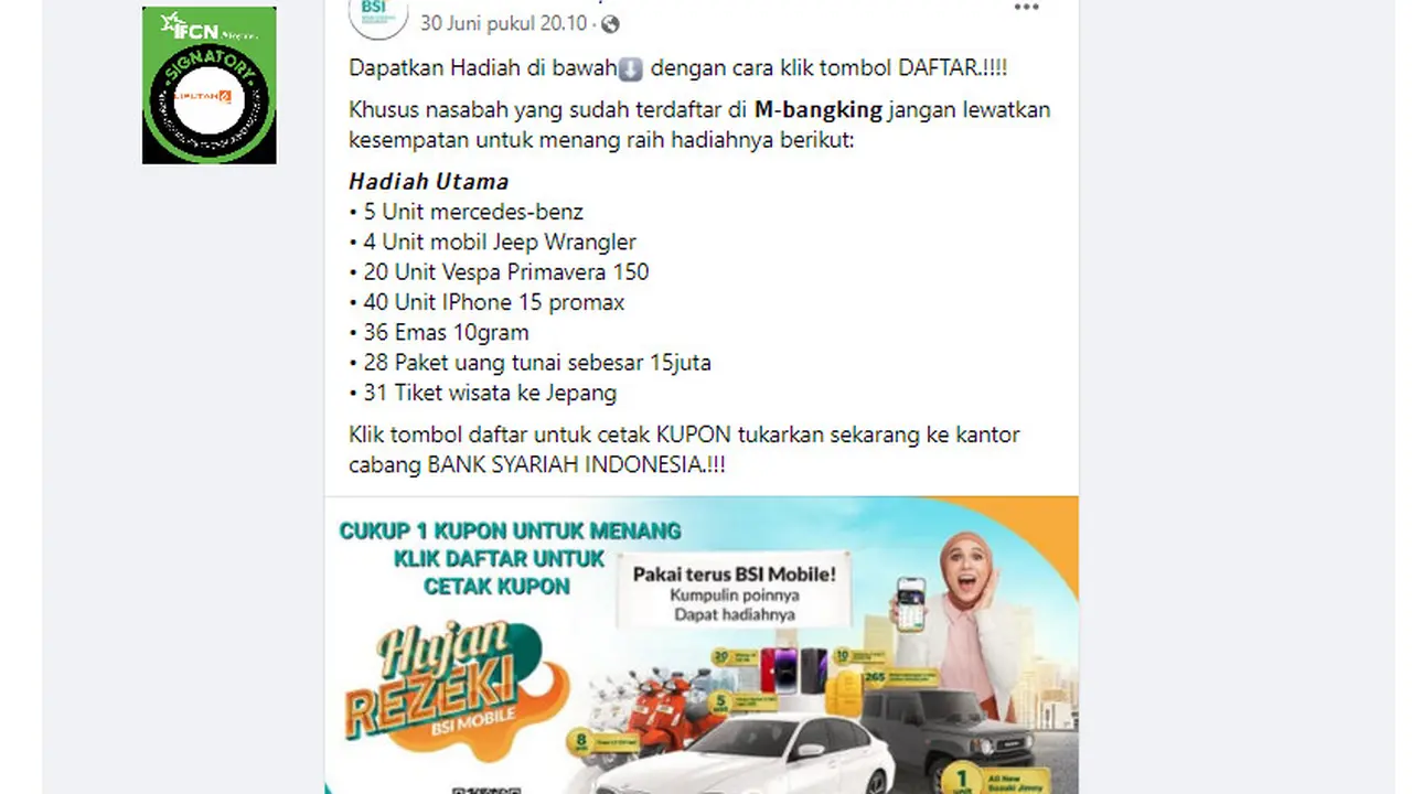 Tangkapan Layar klaim pendaftaran pembagian hadiah dari BSI