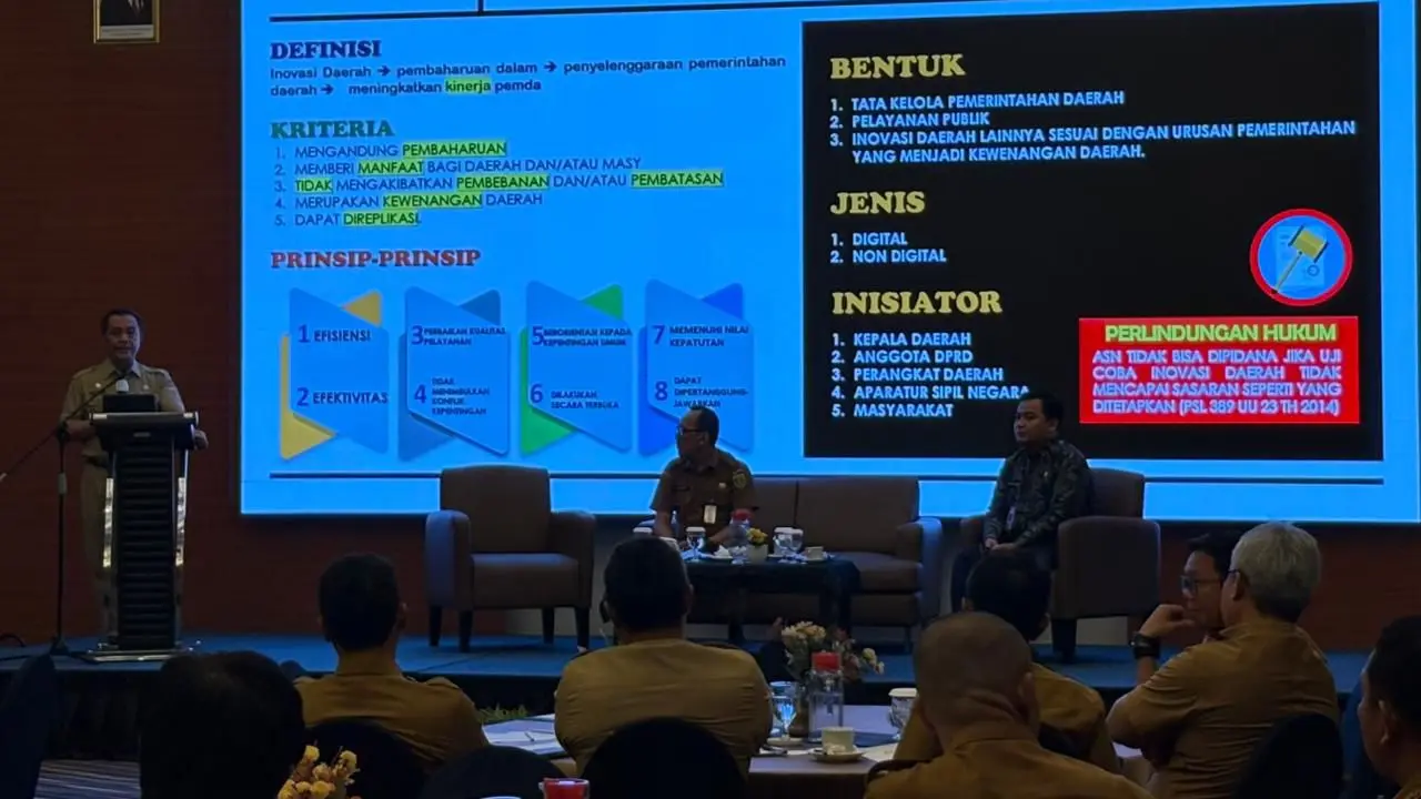 Kepala Badan Strategi Kebijakan Dalam Negeri (BSKDN) Kementerian Dalam Negeri (Kemendagri) Yusharto Huntoyungo dalam Kegiatan Evaluasi dan Penguatan Inovasi Daerah Menuju Predikat Nasional yang diselenggarakan oleh Badan Perencanaan Pembangunan, Riset dan