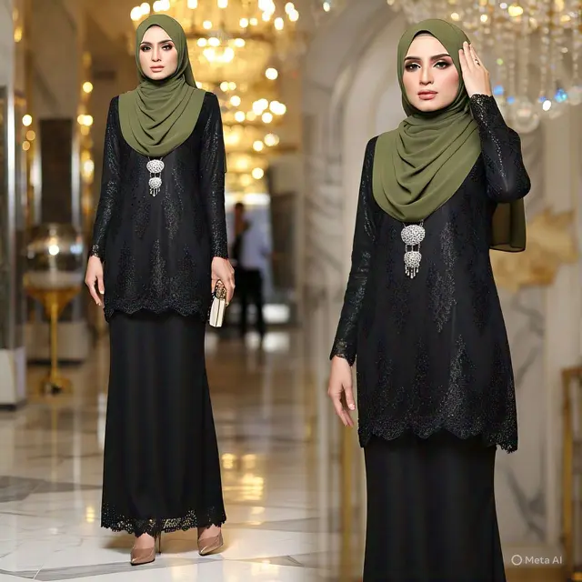 Dress Hitam dengan Outer Lace dan Hijab Olive Green