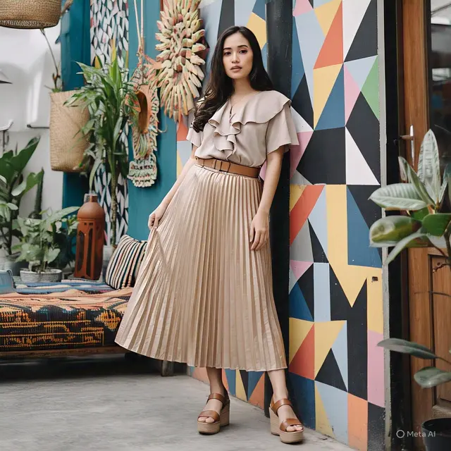 Boho Chic Modern: Midi Skirt Accordion & Blouse Ruffle