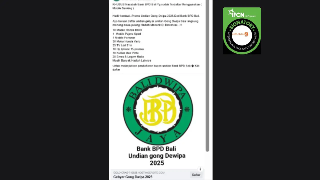 Tangkapan layar klaim link pendaftaran undian Bank BPD Bali yang beredar di Facebook.