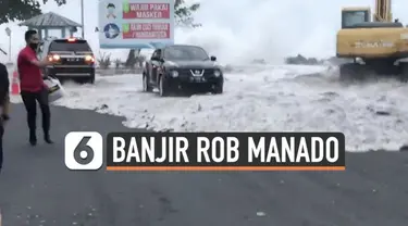 Minggu (17/1) sore banjir rob terjang kawasan pesisir kota Manado. Terjangan air laut masuk hingga ke salah satu pusat perbelanjaan.