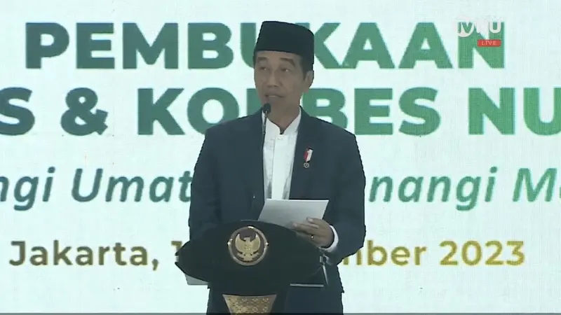 Presiden Jokowi saat membuka Muswarah Nasional Alim Ulama PBNU di Pondok Pesantren Al-Hamid Jakarta, Senin (18/9/2023). (Tangkapan layar)