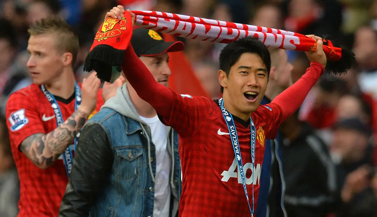 Shinji Kagawa yang kini tengah menjalani musim pertama bersama Cerezo Osaka di kasta tertinggi Liga Jepang tercatat total mencetak 6 gol di Premier League. Keenam gol dicetaknya dalam 38 laga bersama Manchester United yang menjadi satu-satunya klub yang dibelanya di Premier League selama dua musim pada 2012/2013 dan 2013/2014. (AFP/Andrew Yates)