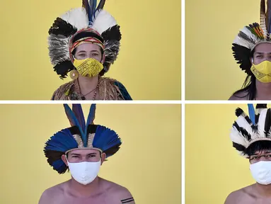 Pemimpin dan ketua kelompok etnis Pataxo Hahahae, Angoho (kiri atas), Hayo (kanan atas) dan anggota kelompok etnis Pataxo Hahahae, Juari (kiri bawah), Hatxotxay (kanan bawah) mengenakan masker saat difoto di Vila Vitoria favela di Belo Horizonte, Brasil (8/7/2020). (AFP/Douglas Magno)