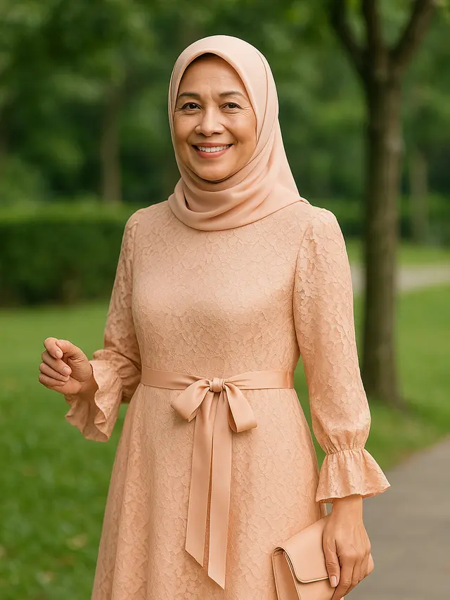 12 Model Gamis Brokat Warna Pastel yang Trendi di 2025, Tampilan Ibu Usia 50-an Jadi Awet Muda
