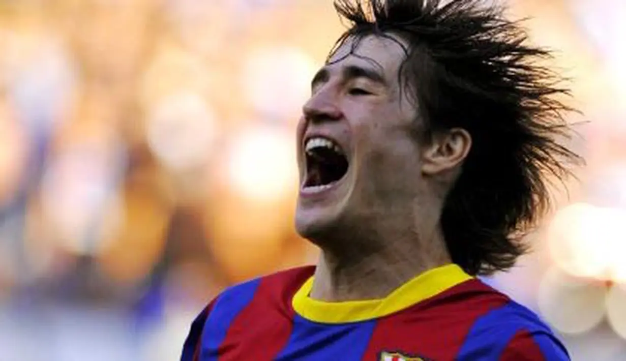 Ekspresi striker Barcelona Bojan Krkic usai mencetak gol ke gawang Malaga dalam partai penutup La Liga 2010-2011 di Estadio La Rosaleda, 21 Mei 2011. AFP PHOTO/JORGE GUERRERO