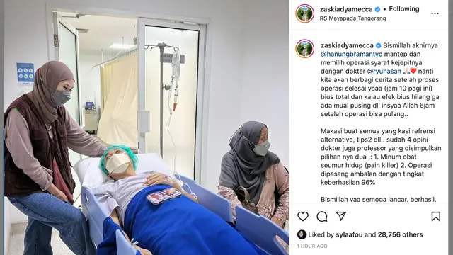 Unggahan Zaskia Adya Mecca soal Hanung Bramantyo operasi saraf kejepit. (Foto: Instagram @zaskiadyamecca)