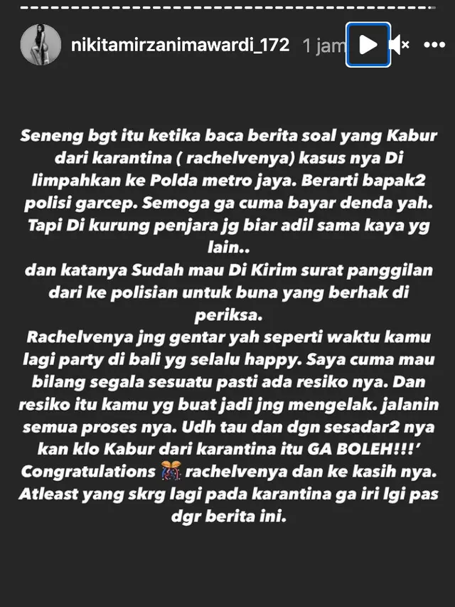 Unggahan Nikita Mirzani. (Foto: Instagram @nikitamirzanimawardi_172)