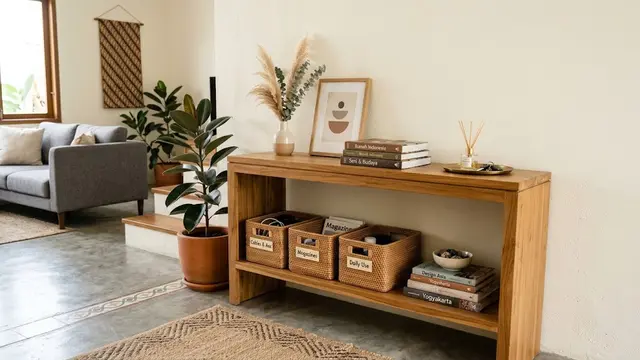 Ide meja konsol di rumah yang bikin ruangan tampak rapi dan modern model konsol dengan rak terbuka